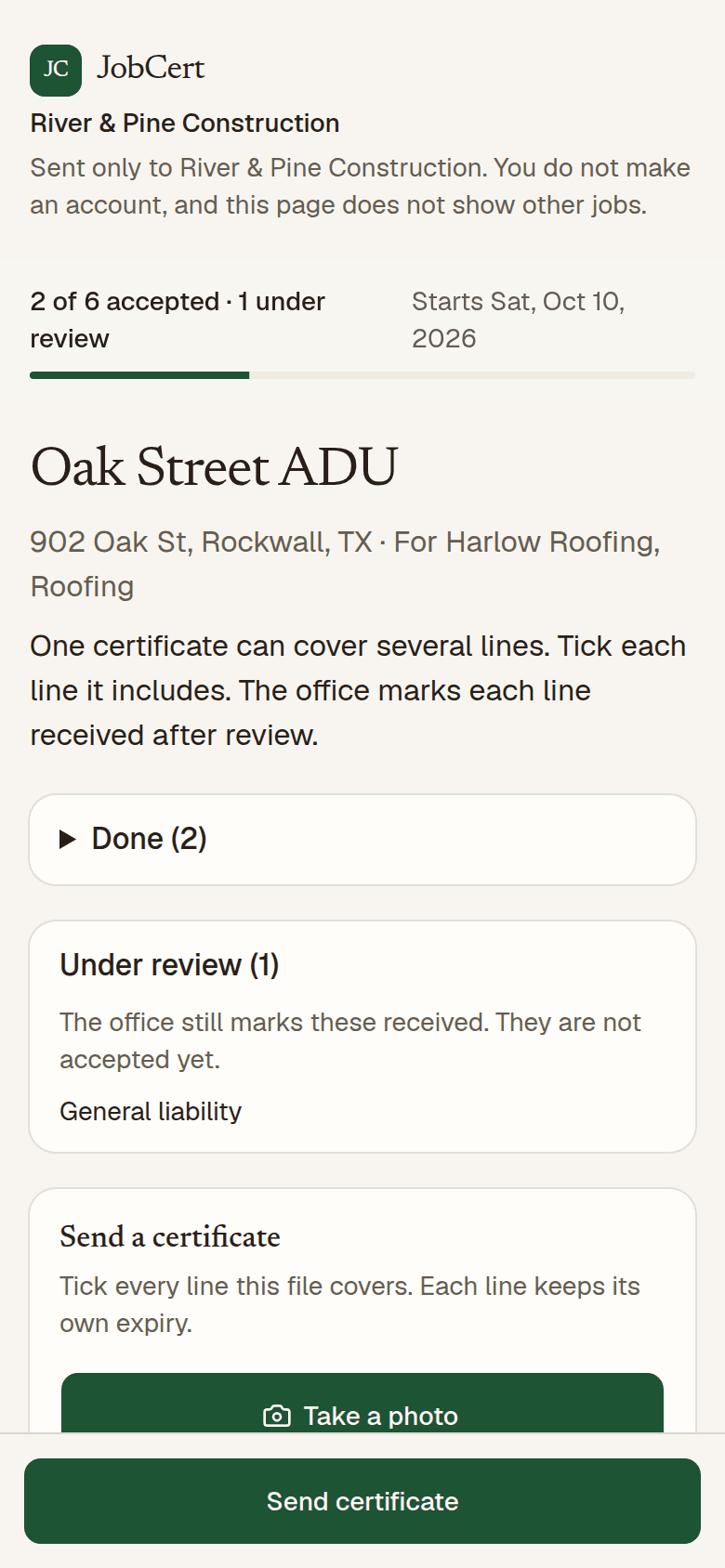 Phone page where a sub photographs a certificate for Oak Street ADU